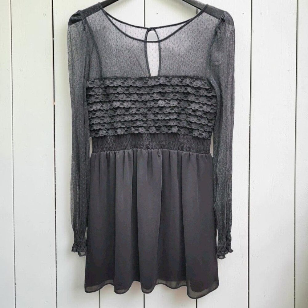 Free People Mini Dress Womens 8 Gray Smocked Lace Keyhole Zip Lined Whimsigoth